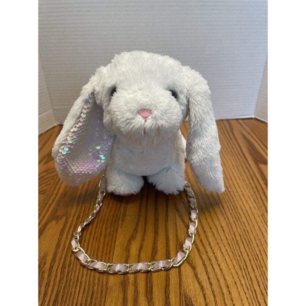 White with sqeuins Bunny Rabbit Plush Purse Gold Strap 8” X 10” - for children